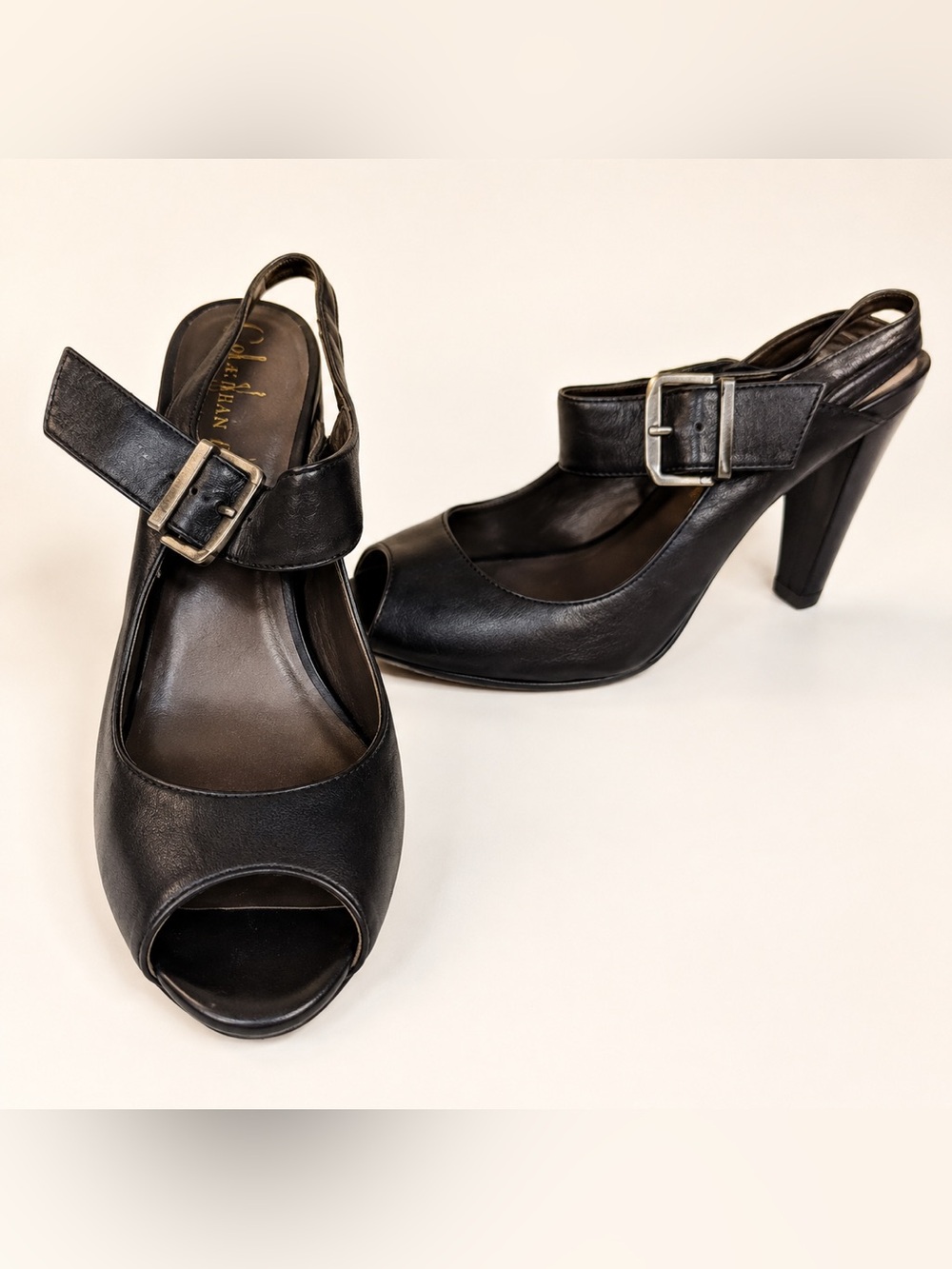 Cole Haan Nike Air Black Leather Slingback Peep Toe Heels 7.5 Career Chic
